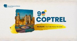 #PraTodosVerem: Na imagem aparece uma arte gráfica institucional para o "90º COPTREL", contendo ...