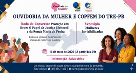 #PraTodosVerem: Banner institucional com fundo branco e detalhes em azul-marinho, dourado e rosa...
