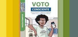 Revista Coquetel de passatempos sobre voto consciente está nas bancas #Pratodosverem: Na imagem existe uma arte de uma mulher de óculos e cabelo escuro, segurando um ...