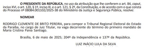 #PraTodosVerem: recorte do Diário Oficial da União com a nomeação de um novo membro para compor ...