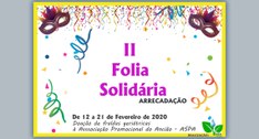 #PraCegoVer: cartaz da campanha com expressões de carnaval em volta da frase: “II Folia Solidária”