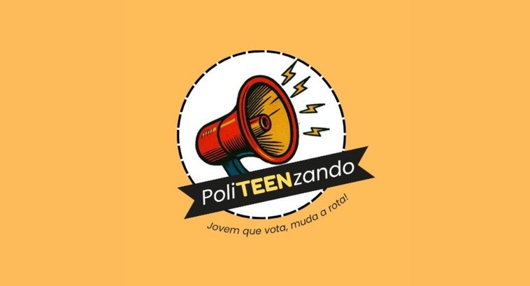 #PraTodosVerem: Na imagem aparece o logo do Projeto PoliTEENzando com o desenho de um megaphone ...