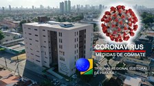 #PraCegoVer: Banner medidas de combate à pandemia com foto do edifício-sede do Eleitoral ao fund...