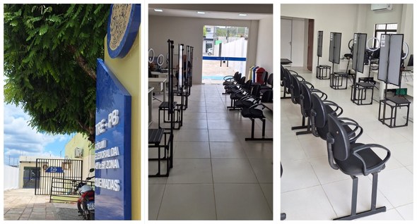 Justiça Eleitoral inaugura novas instalações do Cartório de Queimadas nesta sexta (20)_2 #PraTodosVerem: Na fotografia aparece uma montagem com três imagens verticais do Fórum Eleitoral...