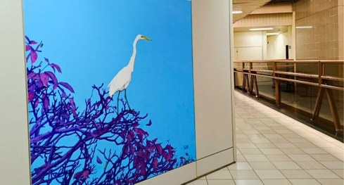 #PraTodosVerem: Na fotografia aparece um painel artístico com uma garça.