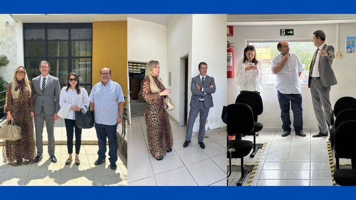 Presidente do TRE-PB visita cartório de Pedras de Fogo e avalia novo espaço para a 44ª ZE #PraTodosVerem: Na fotografia aparece uma montagem com três imagens da visita institucional ao c...