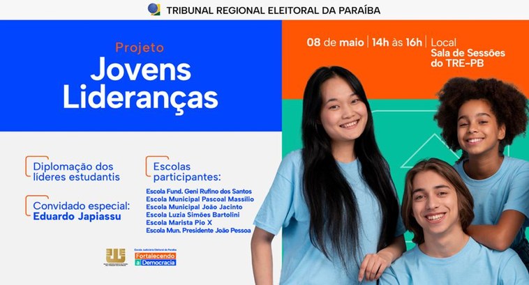 TRE-PB “PROJETO JOVENS LIDERANÇAS” #PraTodosVerem: Painel retangular dividido em duas partes, à direita: uma jovem asiática e um jo...