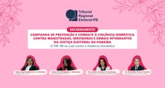 Painel retangular, na parte inferior: fotografias de três mulheres e um homem; no centro superio...