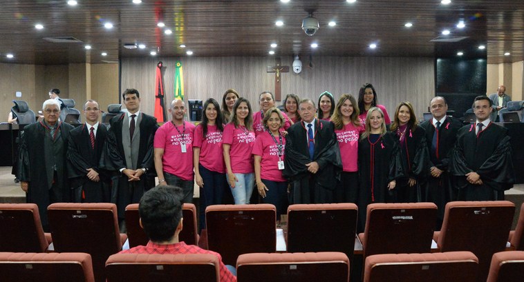 #PraCegoVer: Corte Eleitoral com a Comissão de Participação Feminina, todos de pé na sala de ses...