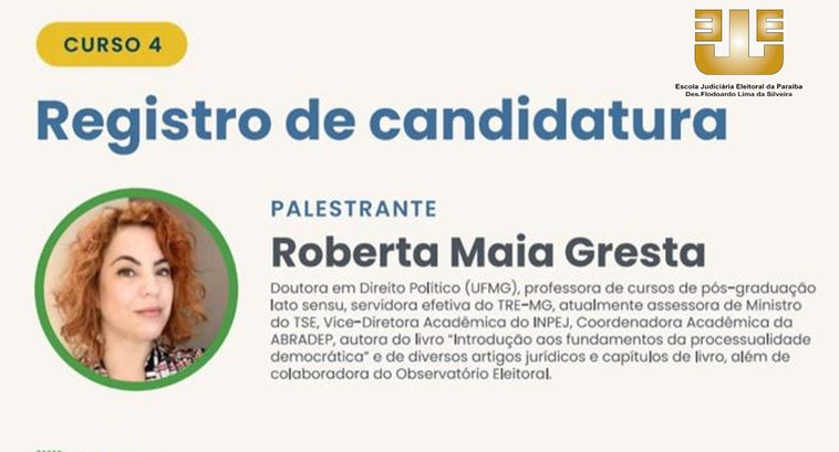 TRE-PB curso EJE-PB registro candidatura #ParaTodosVerem: Banner do curso Registro de Candidatura; no canto superior direito, o logotipo ...
