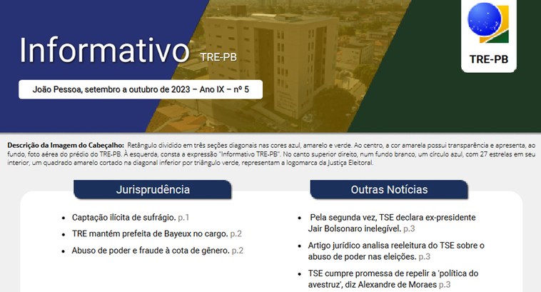TRE-PB disponibiliza o 5º INFORMATIVO de 2023 #ParaTodosVerem: Painel retangular dividido em três seções diagonais, nas cores azul, amarelo e ...