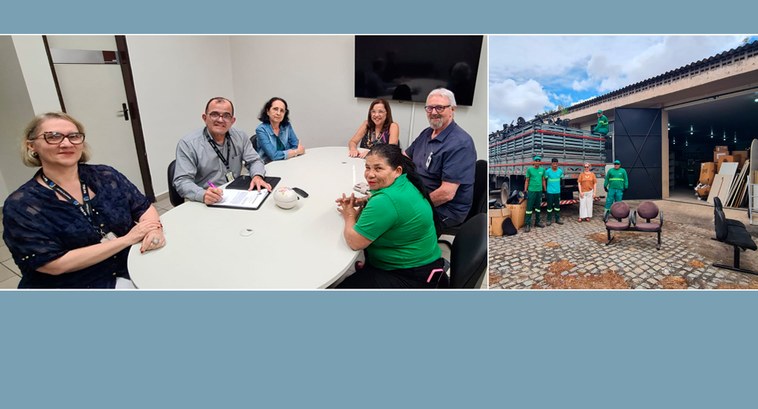 TRE-PB doação de bens Painel retangular com seis pessoas sentadas, reunidas em volta de uma mesa; dois são homens.