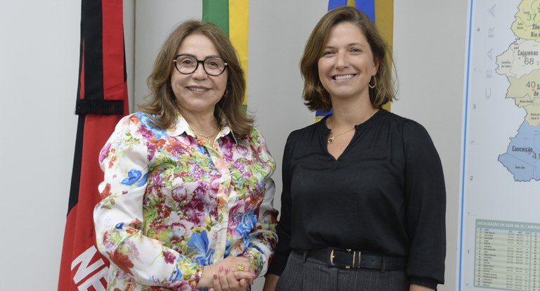Painel retangular com duas mulheres em plano médio curto, posando para fotografia.