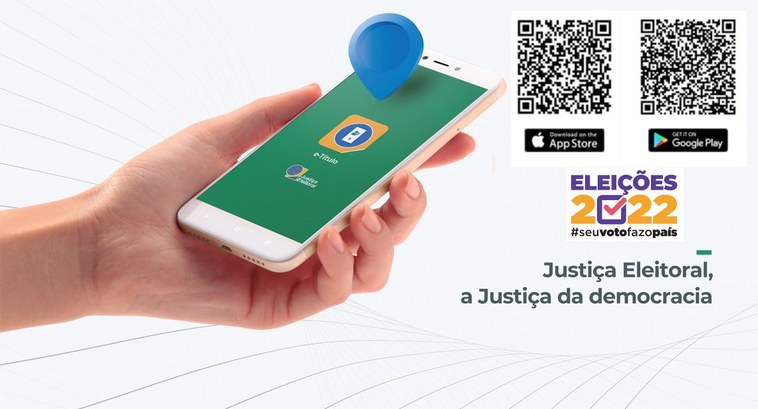 TRE-PB e-titulo Fotomontagem: uma mão segurando um smartphone, que monstra o aplicativo e-titulo; no canto super...