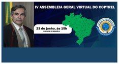 #PraCegoVer: Fotografia do desembargador Joás Filho ao lado do banner do IV Coptrel Virtual
