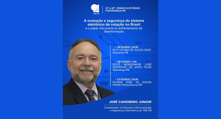 TRE-PB promove série de palestras para jovens no Vale do Piancó #PraTodosVerem: Card do evento em que aparece a foto de um homem e as informações.