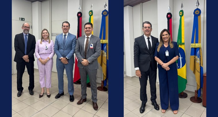 TRE-PB recebe prefeitas para avançar em proposta de valorização #PraTodosVerem: Fotomontagem com duas fotografias; na primeira foto, à esquerda, aparecem três h...