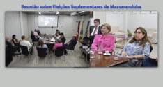 #ParaTodosVerem: Fotomontagem com pessoas sentadas a mesa de reunião híbrida com outras pessoas ...