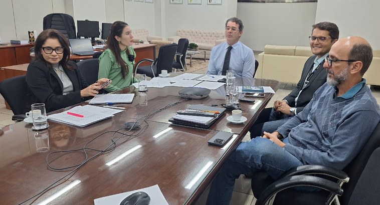 Cinco pessoas, sendo duas mulheres, sentadas à mesa em reunião de trabalho.