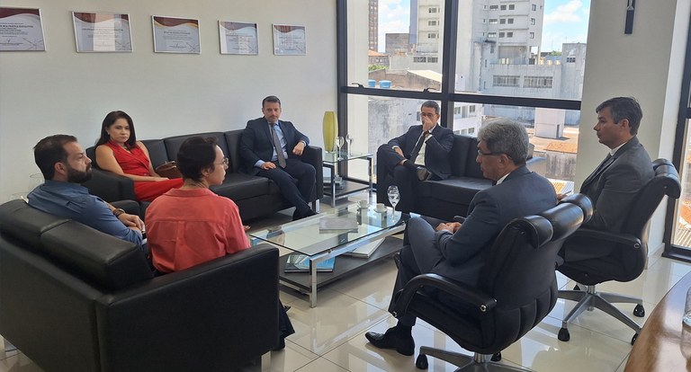 Sete pessoas sentadas em poltronas numa reunião de trabalho, sendo uma delas mulher.