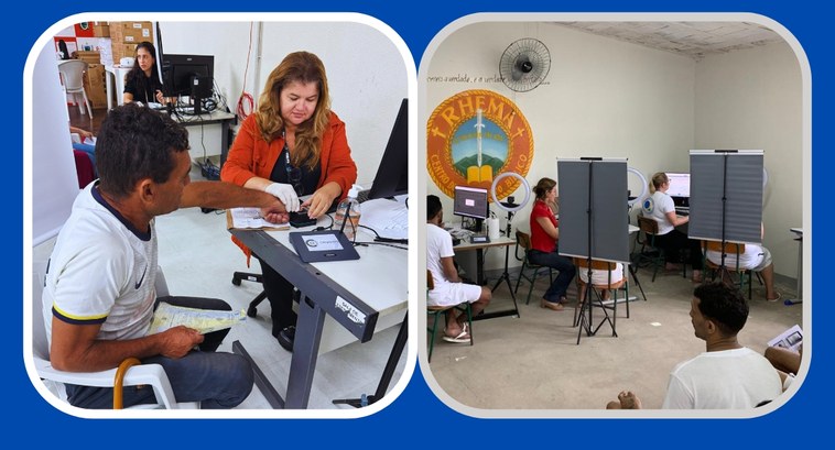 tre-pb_registre-se_3 #PraTodosVerem: Fotomontagem com duas fotografias; na primeira aparece um eleitor sendo atendido...