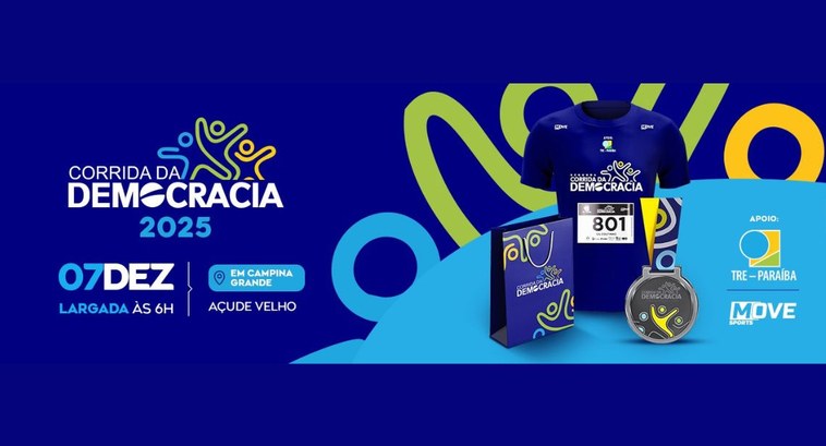 Abertas inscrições para a Corrida da Democracia 2025 em Campina Grande #PraTodosVerem: Na imagem aparece um Card da Corrida da Democracia contendo imagens do kit e as ...