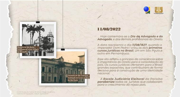 EJE-PB parabeniza operadores do Direito pelo Dia do Jurista A data representa o dia 11/08/1827, quando o imperador Dom Pedro I criou os dois primeiros curso...