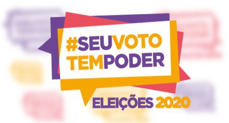 #PraCegoVer: Na fotografia aparece o logotipo das Eleições 2020 com a hashtag “#SEUVOTOTEMPODER ...