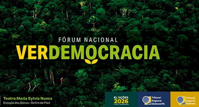 Inscreva-se: Fórum Nacional VerDemocracia é aberto ao público #PraTodosVerem: Card retangular em que aparece de fundo uma floresta, vista de cima, e a express...