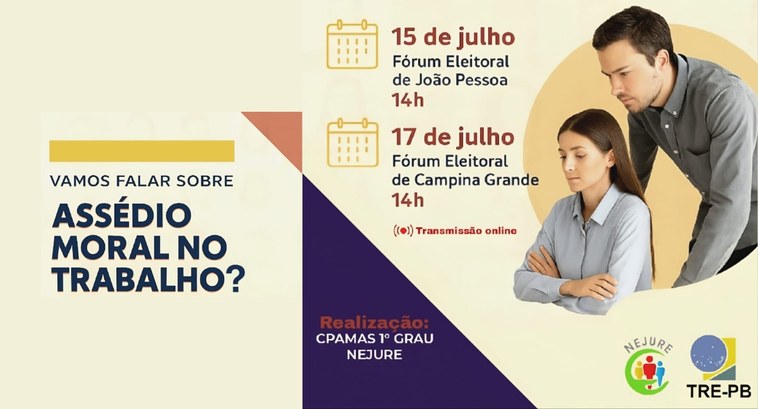 Justiça Eleitoral realiza Campanha de Prevenção e Enfrentamento ao Assédio #PraTodosVerem: Card retangular com a expressão “Vamos falar sobre o Assédio Moral no Trabalho” ...