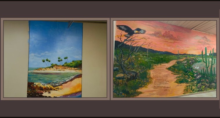 Murais artísticos valorizam os espaços internos do TRE-PB #PraTodosVerem: Na ilustração aparecem dois murais artísticos, à esquerda uma paisagem de mar; e...