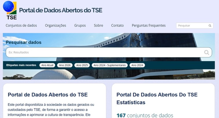 Portal de Dados Abertos do TSE amplia acesso a informações eleitorais e fortalece transparência #PraTodosVerem: Na imagem aparece uma captura de tela do site Portal de Dados Abertos do TSE.