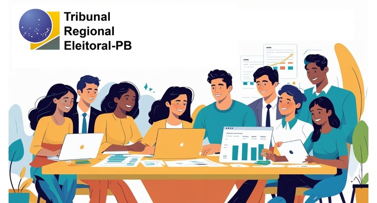 TRE-PB abre seleção de estagiários de pós-graduação em Contábeis #PraTodosVerem: Ilustração colorida mostra um grupo de nove pessoas reunidas ao redor de uma mes...