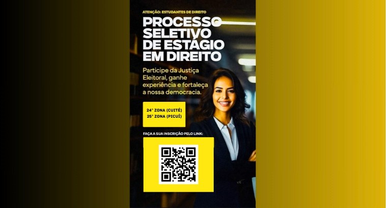 TRE-PB abre seleção de estágio de Direito para Cuité e Picuí #PraTodosVerem: Na fimagem aparece um cartaz vertical em um fundo com degradê. No cartaz, a imag...