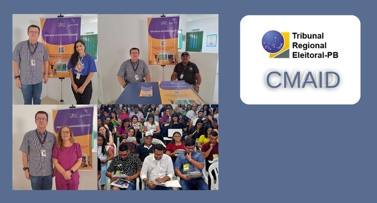 TRE-PB Deoclécio / CMAID #ParaTodosVerem: Painel retangular com montagem fotográfica de quatro fotos.