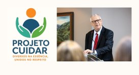 #PraTodosVerem: Na imagem, à esquerda, está o logotipo do Projeto Cuidar, com um ícone formado p...