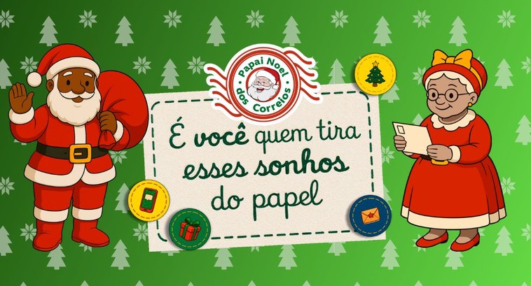 #PraTodosVerem: Ilustração natalina com Papai Noel e Mamãe Noel sorrindo, lendo uma carta ao lad...