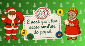 #PraTodosVerem: Ilustração natalina com Papai Noel e Mamãe Noel sorrindo, lendo uma carta ao lad...