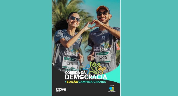 TRE-PB prepara Corrida da Democracia 2025 em Campina Grande #PraTodosVerem: Card retangular com o banner da Corrida da Democracia, onde aparecem um homem e ...