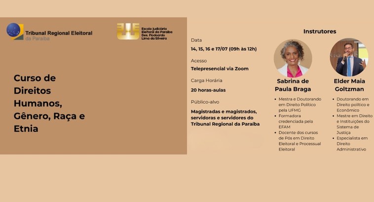 TRE-PB promove capacitação sobre Direitos Humanos, Gênero, Raça e Etnia #PraTodosVerem: Card retangular com as informações da capacitação.