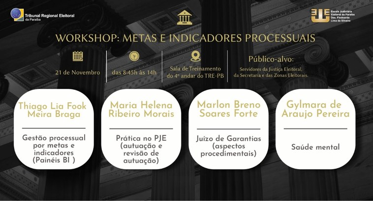 TRE-PB promove Workshop de Metas do CNJ, PJe, Juízo de Garantias e Saúde Mental #PraTodosVerem: Banner com informações do evento.