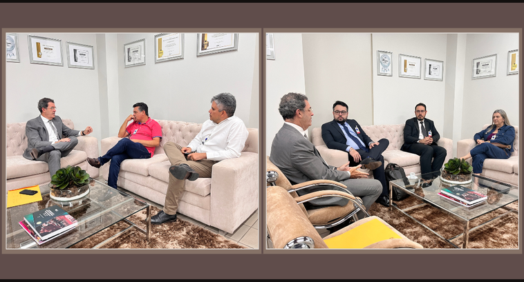 TRE-PB recebe prefeituras para avançar em proposta de valorização #PraTodosVerem: Fotomontagem com duas fotografias: na primeira foto, à esquerda, aparecem três h...