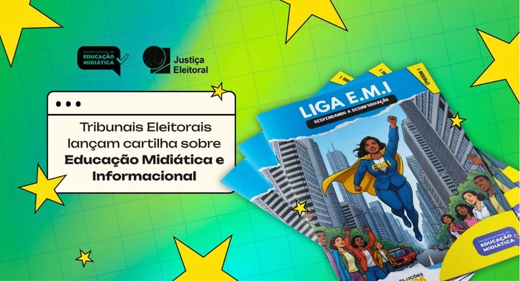 Tribunais Eleitorais lançam cartilha sobre Educação Midiática e Informacional #PraTodosVerem: Na imagem, aparece um card contendo exemplares da Carttilha com funfo verde e es...