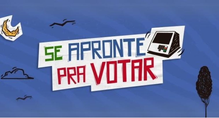 TSE lança Campanha “Se apronte pra votar” #PraTodosVerem: Card retangular onde aparece o desenho de uma lua crescente, dois pássaros e uma...